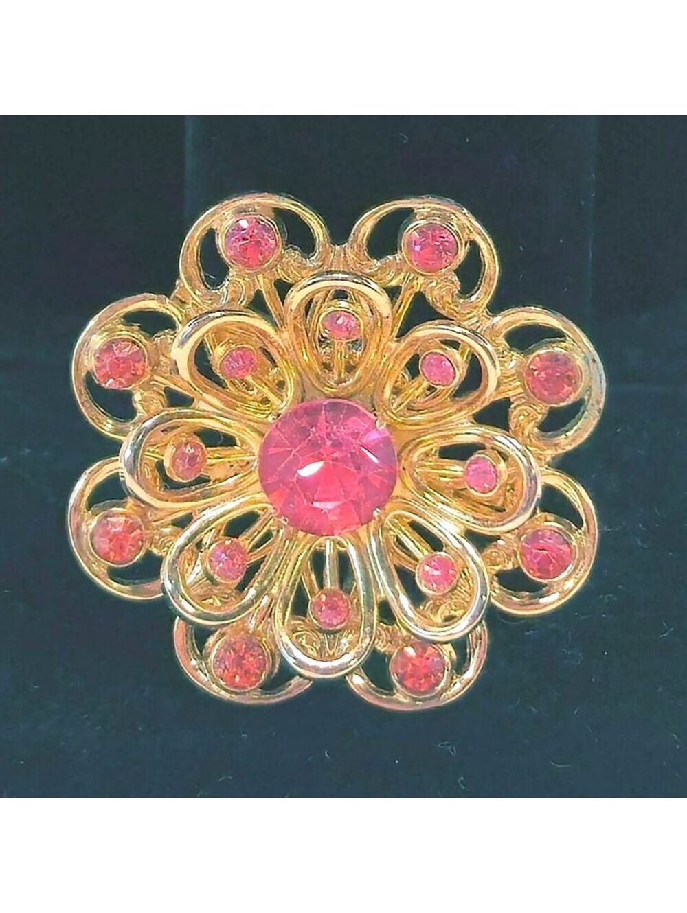 Vintage Coro Pink Rhinestone Flower Brooch Gold Tone Sunburst Pin 1950s